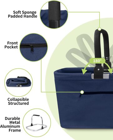 Складаний кошик для покупок на 35L з 2 стійкими ручками, сімейний, з алюмінієвим ручним захопленням, водовідштовхуючий, для пікніків, подорожей, кемпінгу та покупок - (Блакитний, 25L (43x27x23cm))