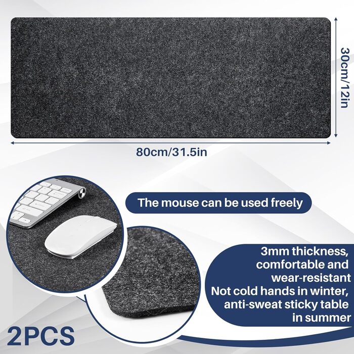 Килимок для миші та клавіатури Panelee 80x30 см, повстяний, антиковзкий, сірий. Захисний килимок для столу в офіс/дім