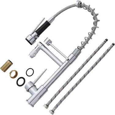 Кухонний змішувач з гнучким виливом, 360° поворот, 2 виходи, високий вилив, душова лійка, для мийки, брашований нікель