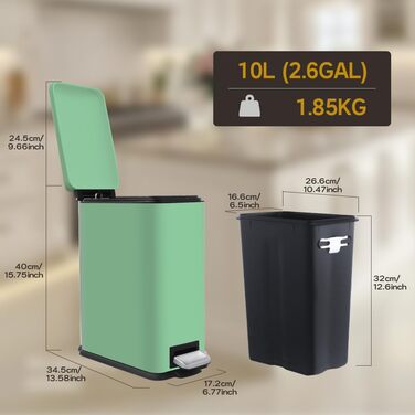 Відро для сміття кухонне 30 літрів, вузьке з кришкою, з м'яким закриттям, з педаллю, для кухні, ванної кімнати та офісу, зелене