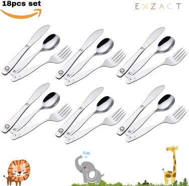 Набір дитячого столового прибору EXZACT Kinderbesteck Set 18-ти частинний з нержавіючої сталі для дітей від 2 років - з гравіюванням, придатний для миття в посудомийній машині (Safari X 18)
