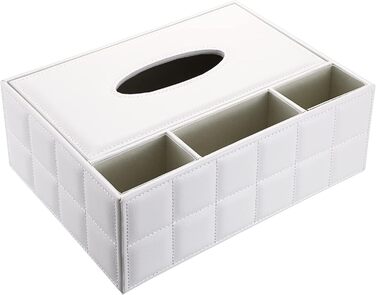 BTSKY Rectangular Tissue Box Holder made of PU Leather with Remote Control Pocket – Desk Tissue Holder, Organizer, Storage Box, Holder, Remote Control Container, White