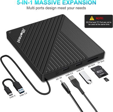 Зовнішній CD/DVD привід USB 3.0 Type-C з картридером SD/TF, портативний RW-записувач для ноутбука, ПК, MacBook (Windows, macOS, Linux) — Чорний