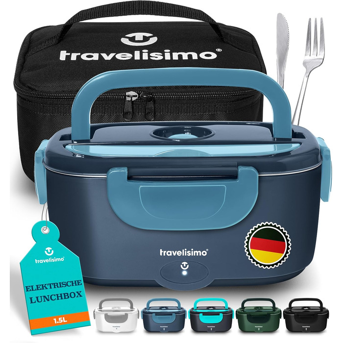 Електрична ланчбокс TRAVELISIMO 80W 1.5L 3-в-1 для подорожей, авто, вантажівки (темно-синій)