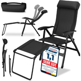 ELONEO Folding Camping Chair with Removable Footrest, Folding Chair made of Aluminum, Folding Garden Chair, Reclining Chair with Adjustable Backrest, Camping Chair (Folding Chair with Footrest (Basic), Black)