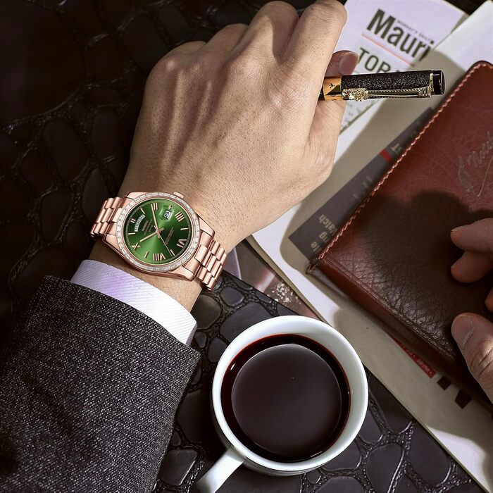 Годинник NIBOSI для чоловіків: аналоговий кварцовий годинник з діамантовою безелем, сталевий циферблат, рожеве золото, срібло, водонепроникний, бізнес, повсякденний, класичний дизайн з датою та днем тижня (рожево-зелений)