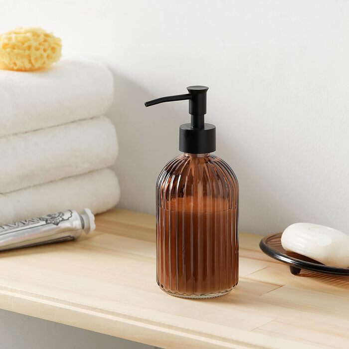 4-Piece Heavy Glass Bathroom Accessories Set with Decorative Embossed Pattern – Includes Soap Dispenser, Cup, Soap Dish, and Toothbrush Holder (brown)