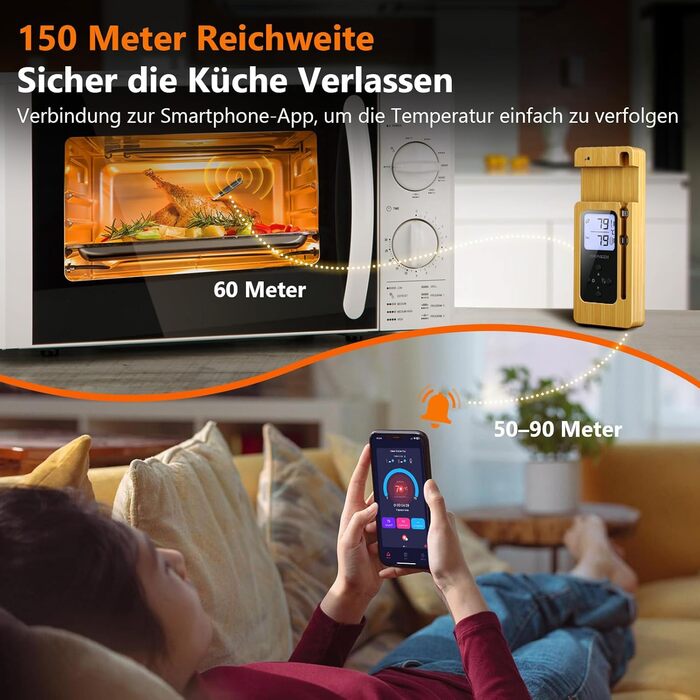 Бездротовий термометр для м'яса AIRMSEN з LCD-дисплеєм, Bluetooth, водонепроникний IPX8, керамічна ручка, додаток для керування, для гриля, духовки та барбекю