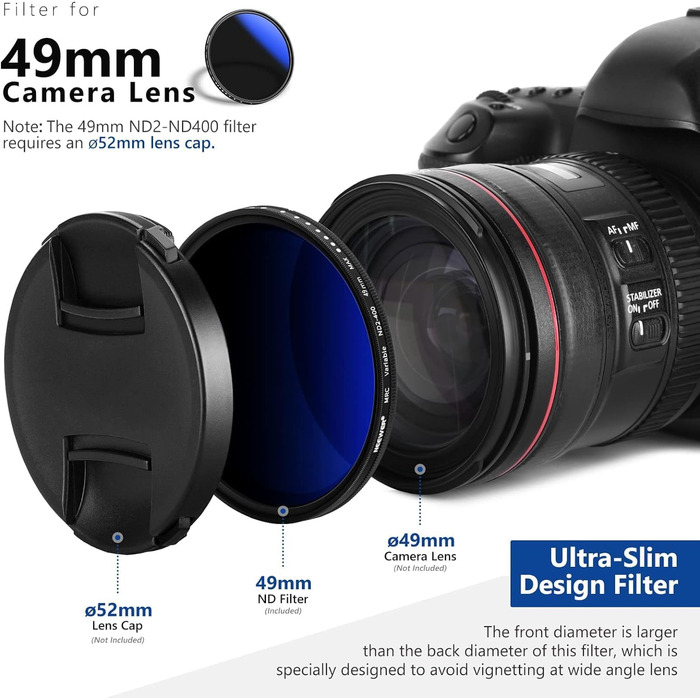 NEEWER Змінний ND фільтр (ND2-ND400, 1-9 ступенів), сірий фільтр, нейтральний фільтр, водонепроникний та стійкий до подряпин (49mm)