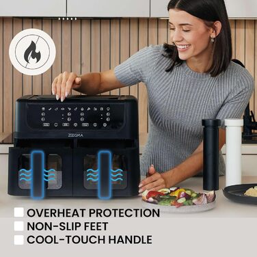Фритюрниця з гарячим повітрям ZEEGMA KNAPPER DUAL, 1700 Вт, 2 відсіки, 9 л, таймер 60 хв, 11 програм, 60-200 °C, швидкий нагрів, сенсорне керування, чорний