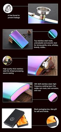 Фляга TANEAXON з воронкою та коробкою, нержавіюча сталь, не протікає (Райдужний колір, 355 мл)