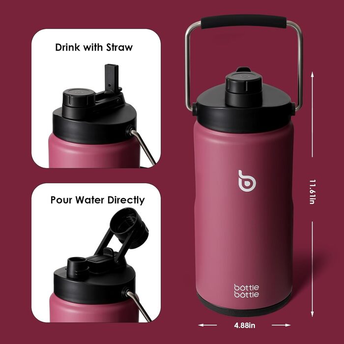 BOTTLE BOTTLE Insulated Stainless Steel Water Bottle 64oz (1.8L) with Straw, Lid, Handle & Pill Compartment – BPA-free, Leak-proof, Ideal Drinking Bottle for Sports, Fitness, Hiking & Outings (Red)