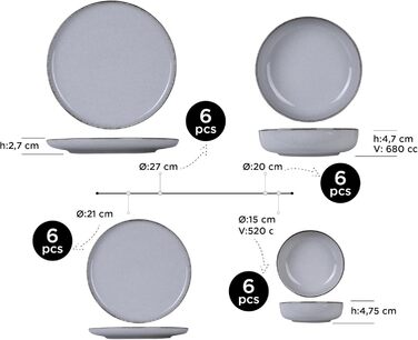 Набір посуду Kutahya Porselen (24 елементи) – 12-ти частинний сервіз для 4 осіб, сучасний порцеляновий посуд, Pearl Grey