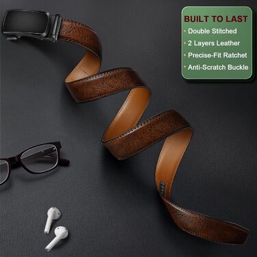 Чоловічий шкіряний ремінь KEMISANT з автоматичною пряжкою, 35 мм, без дірок, регульований розмір 115 см (32'-38'), темно-коричневий