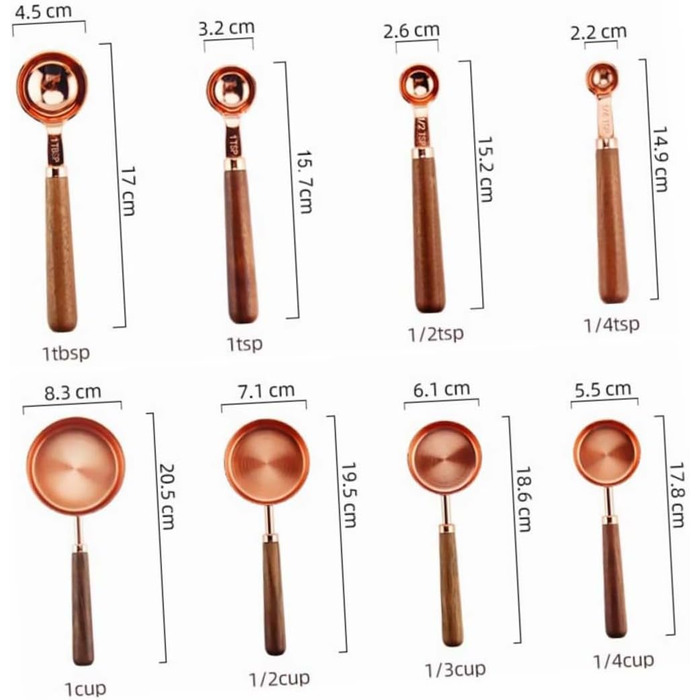 GREENADSCAPE 8-Piece Measuring Cup and Spoon Set for Bakers, Stainless Steel, Walnut Handle, Rose Gold, Multifunctional Kitchen Tool
