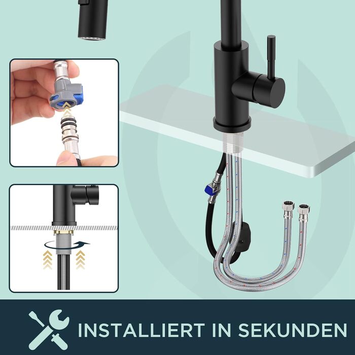 Кран кухонний FORIOUS чорний з висувною лійкою, поворотний на 360°, матовий, для кухні