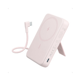 Магнітний павербанк Anker Zolo 10K з вбудованим USB-C кабелем та підставкою, бездротова швидка зарядка 30Вт для iPhone 17/16/15, AirPods, рожевий