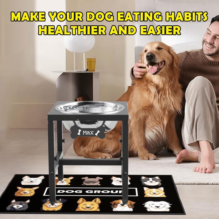 Підвищений миска для собак (6 літрів) для великих собак, 4-рівнева регулювання висоти (33–46 см), з нержавіючої сталі з вологостійким килимком та стійким металевим підставкою, легко миється, для дому та вулиці