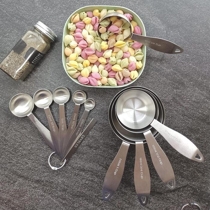 Measuring cup and spoon set, robust, stainless steel measuring cups and spoons, 20 pieces: 5 measuring cups, 6 measuring spoons, 5 mini measuring cups, conversion chart for measuring cups and spoons.