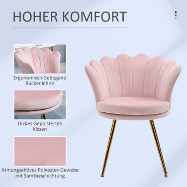 HOMCOM Armchair Living Room Relaxer Lounge Chair with Lotus Shape Upholstered Armchair with Metal Legs, Velvet Look, Single Armchair for Bedroom, Pink | Aosom