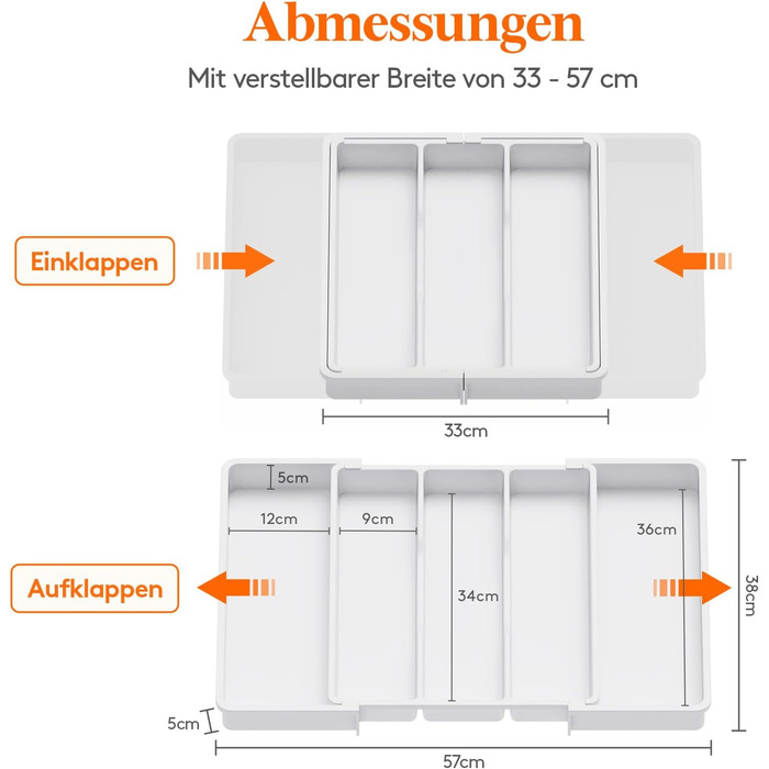 Органайзер для столових приборів Lifewit розсувний для шухляди, 33-57 x 38 x 5 см, білий. Підставка для ножів та виделок, пластик.