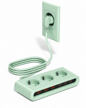Мережевий фільтр 9-в-1 з 3 розетками та USB зарядним пристроєм, подовжувач з USB-портами, зелений
