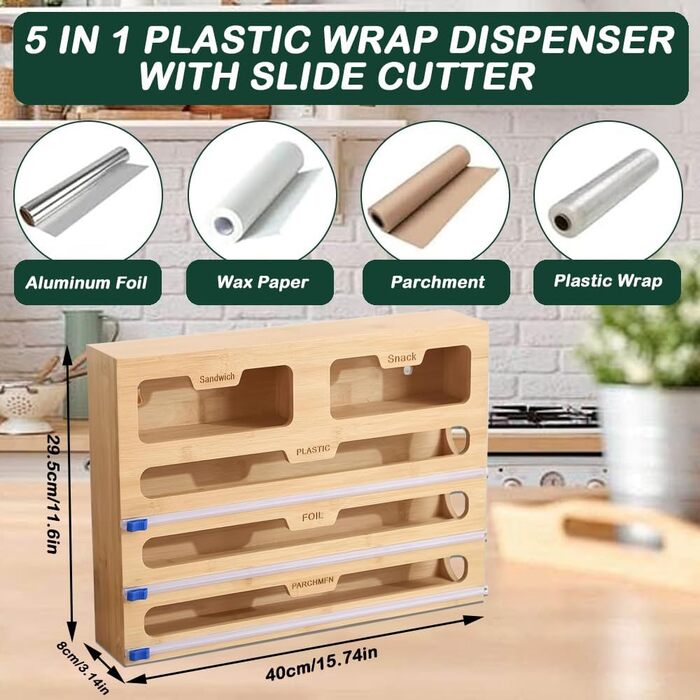 Диспенсер для харчової плівки 5 в 1 з дерев'яною коробкою та різаком, органайзер для кухні