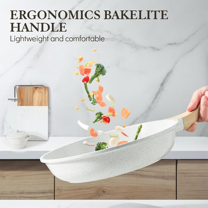 Сковорода SENSARTE 28 см з антипригарним покриттям, швейцарське гранітне покриття, для приготування омлетів, сумісна з газовою та індукційною плитами, без PFOA/PTFE/PFAS, білий колір