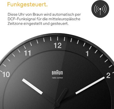 Braun Classic Large Radio Wall Clock, Central European Time Zone (CET/GMT+1) with quiet movement, easy-to-read dial, 30cm diameter, black model BC17B-DCF.