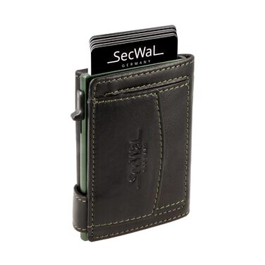 Шкіряний картхолдер SecWal з монетницею та RFID-захистом, міні-гаманець з кнопкою (Зелено-чорний), Made in Germany