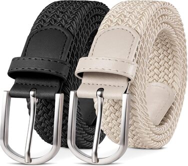 YOUCHAN 2 шт. ремені для жінок та чоловіків, еластичні плетені ремені, 3,3 см, еластичні ремені з регульованою довжиною, унісекс, чорний + бежевий