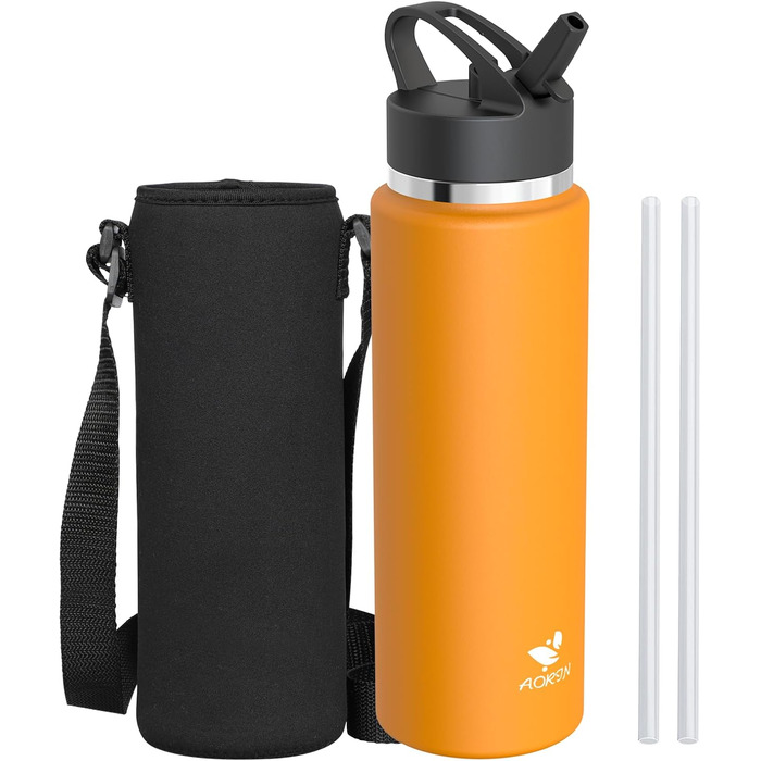 AORIN Stainless Steel Water Bottle, 500ml/750ml/1L Leak-Proof Water Bottle with Straw, BPA-Free Drinking Bottle for Kids, Vacuum Insulated Thermos for Sports, School, Fitness, Outdoor (1000 ml, Mango)