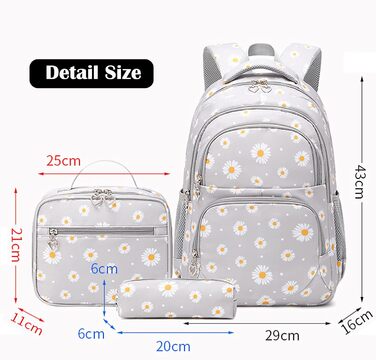 Шкільний рюкзак для дівчаток-підлітків, вінтажний рюкзак-сет, квітковий дизайн, рюкзак для ноутбука, шкільні сумки для жінок, школа, подорожі, з ланч-пакетом та пеналом 3 в 1, сірий