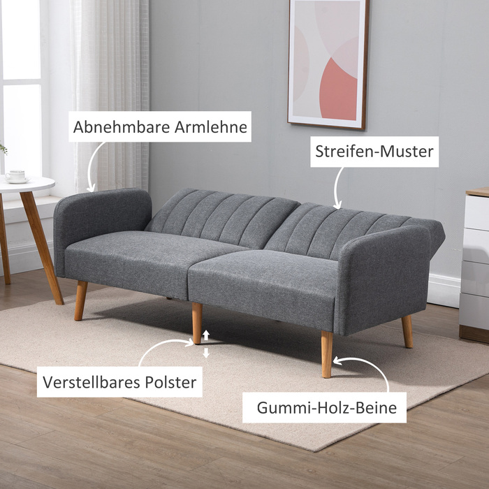 HOMCOM Sleeper Sofa, Convertible Sofa for 2 People, Sofa Bed with Sleeping Function, Linen-like Polyester, Rubber Wood, Grey, 173x75x73cm | Aosom