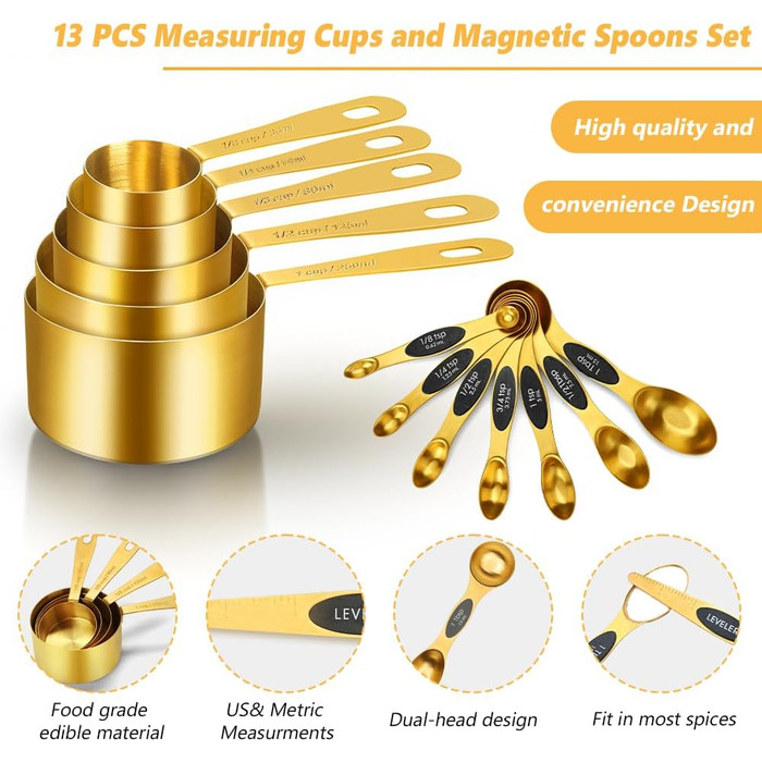 Набір мірних стаканів та ложок Cuteefun Gold, 13 предметів: 5 стаканів, 8 магнітних ложок, нержавіюча сталь для вимірювання сухих та рідких інгредієнтів для випічки та приготування їжі