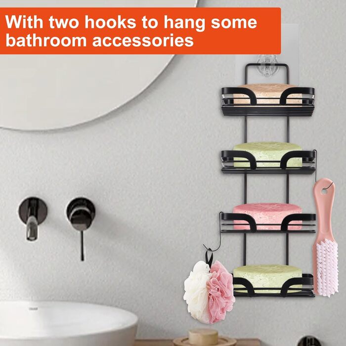 Tefola Soap Holder, 4-Tier Wall Mounted Soap Sponge Holder, Soap Dish for Shower with Two Single Hooks, Adhesive, Drill-Free Soap Holder, Stainless Steel Soap Holder (Black)