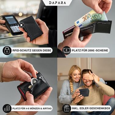 Чоловічий гаманець DAPARA: тонкий, з відділом для монет та RFID-захистом, вміщує 12 карт, карбоновий червоний колір