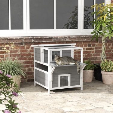 PawHut Cat Cave, Pine Wood Cat House, Cat House with Balcony, Entrances, for Cats up to 5 kg, Outdoor, 64 x 87 x 76 cm, Light Gray | Aosom