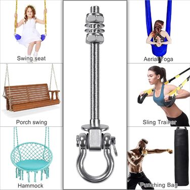 Dolibest 4 Pack Swivel Hangers for Wooden Beams, Hammock Attachment M10 Heavy-Duty Hanging Chair Suspension Concrete Ceiling 175mm Stainless Steel Swivel Punching Bag Deck Bracket Eye Bolts for Screwing, Up to 680kg