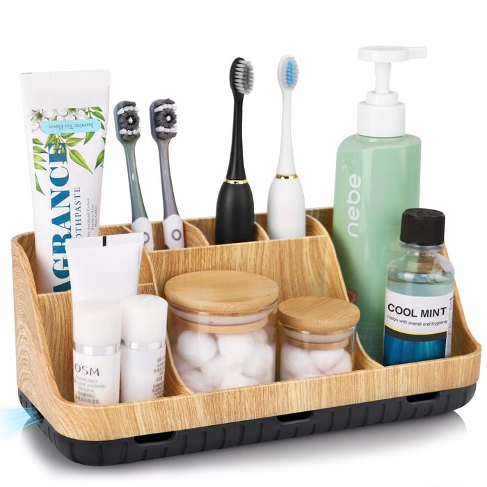 Тримач для зубних щіток у ванну кімнату: органайзер для електричних щіток та пасти, 7 відділень, дерев'яний, для сім'ї