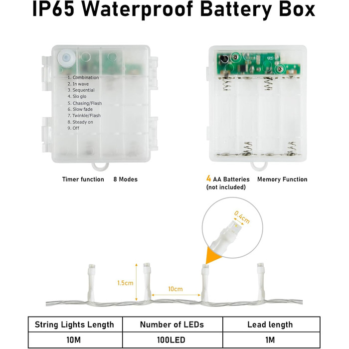 Ланцюжок прикрас світлодіодний, 30м, 300 LED, святкова гірлянда з таймером, 8 режимів, тепле біле світло, для декору кімнат, вечірок, балконів, ялинок, вологостійка