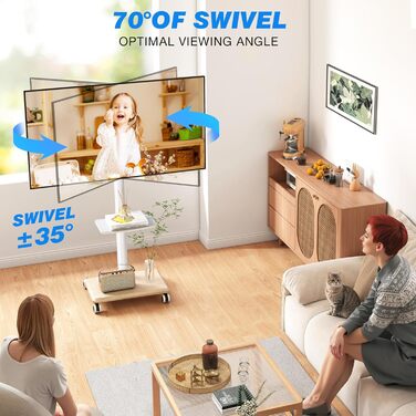 Мобільна тумба під телевізор з поличкою, поворотна, регульована по висоті, 27-60 дюймів, до 40 кг, VESA 400x400 мм (Бежевий)
