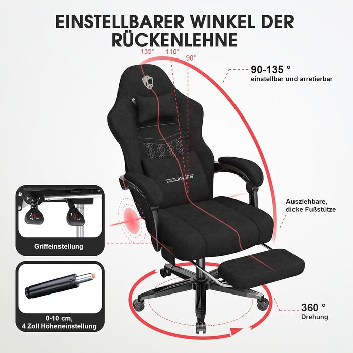 Ігровий крісло Douxlife з масажем, розширене пружинне сидіння, ергономічний офісний стілець для геймерів, стілець для комп'ютера з підніжкою, 158 кг, чорний