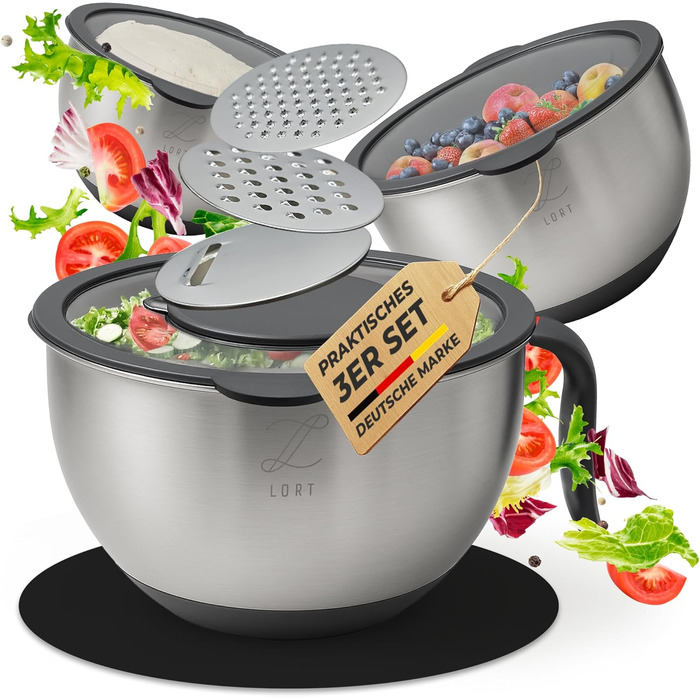 Набір мисок для перемішування Lort з нержавіючої сталі з кришкою та тертками | Набір кухонних мисок з антиковзким дном та можливістю складання | Салатник з 3 насадками-терками | Можна мити в посудомийній машині, нержавіюча сталь