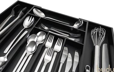 Органайзер для кухонних ящиків Besteckkasten #47 (глибина 47 см) з бамбука, чорний - висувний, система організації для столових приборів