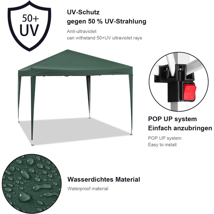 WOLTU Pop-Up Pavilion Waterproof Folding Pavilion Sun Shade Event Pavilion Garden Pavilion for Terrace Camping Festival Pagoda Tent with Oxford Fabric and Metal Frame 3 x 3 m PVL0002be (Green)