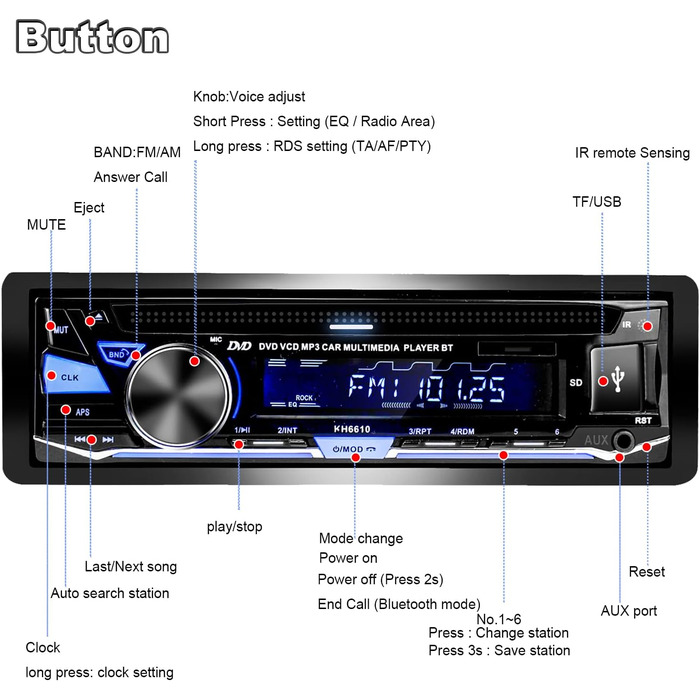 Hengweili автомагнітола 1DIN з CD/DVD, Bluetooth, FM/AM, App-керуванням, USB, SD, AUX, MP3