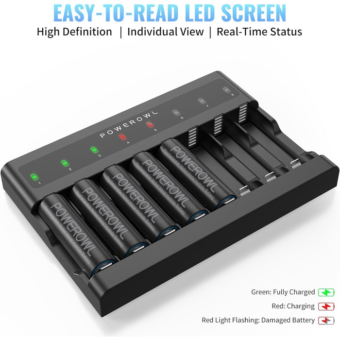 Зарядний пристрій PowerOWL на 8 батарейок, надтонкий, з незалежними слотами, USB-C зарядка для перезаряджуваних акумуляторів AA AAA
