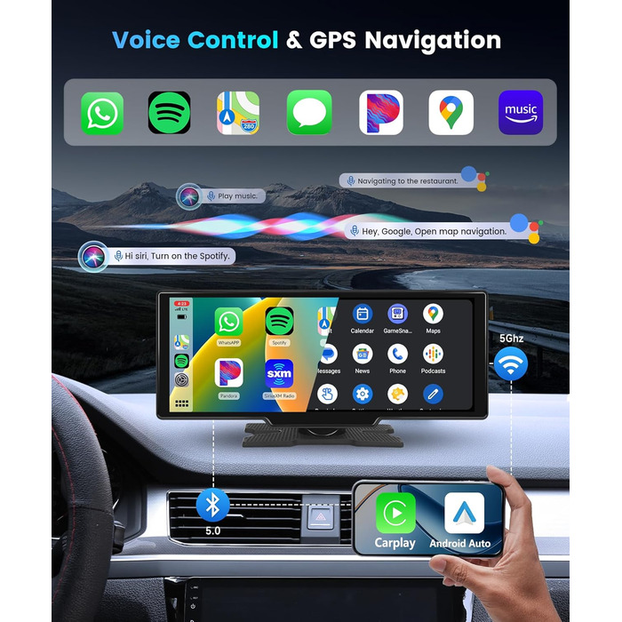 10,26-дюймовий автомобільний CarPlay/Android Auto радіоприймач з IPS-екраном, Bluetooth, навігацією, Mirror Link, підтримкою Siri/Google, TF/AUX-входом