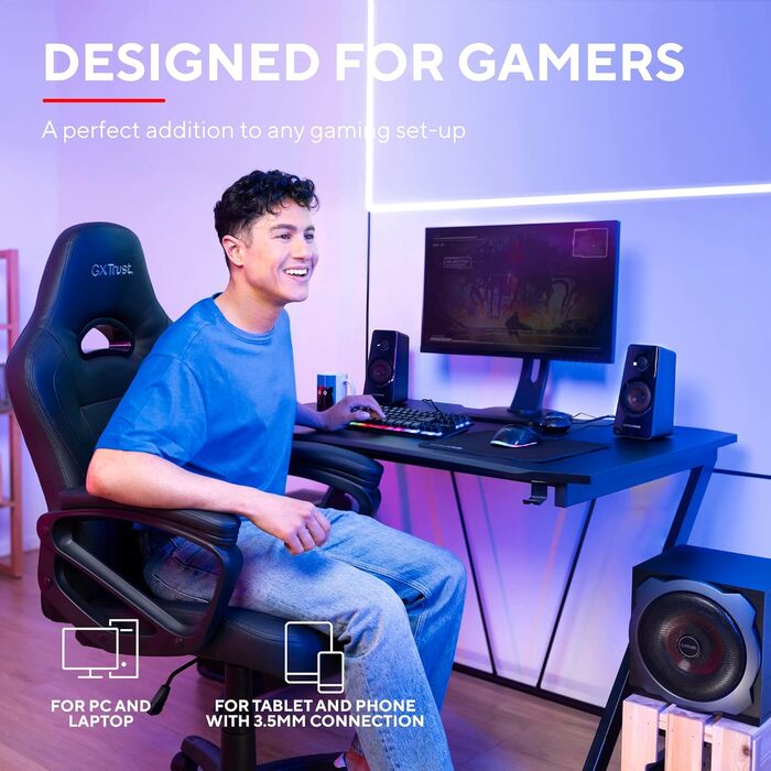 Trust Gaming GXT 38 2.1 Ігрова Акустична Система з Сабвуфером (для смартфона/ПК/планшета, 120 Вт), Чорний/Червоний